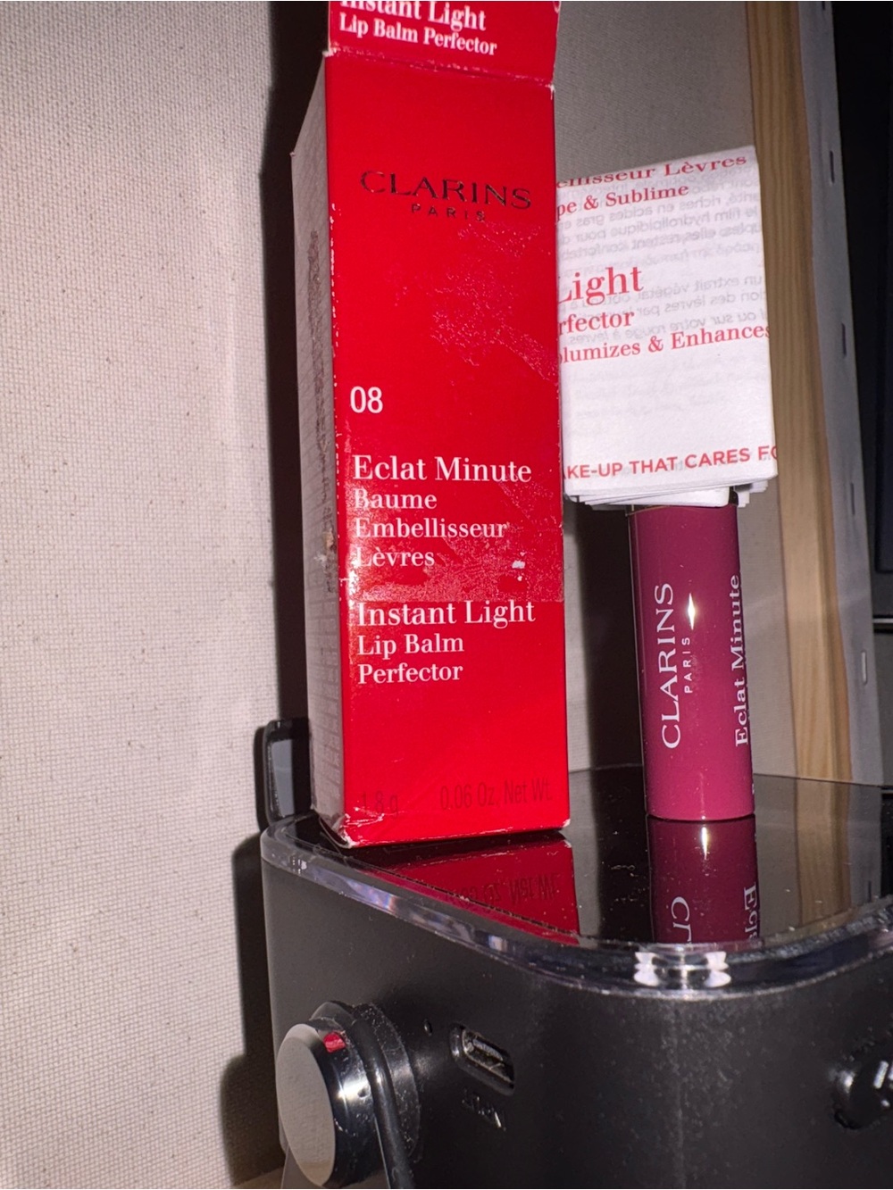 Clarins Instant Light Lip Balm Perfector — Deep Pink Stick with Red Box